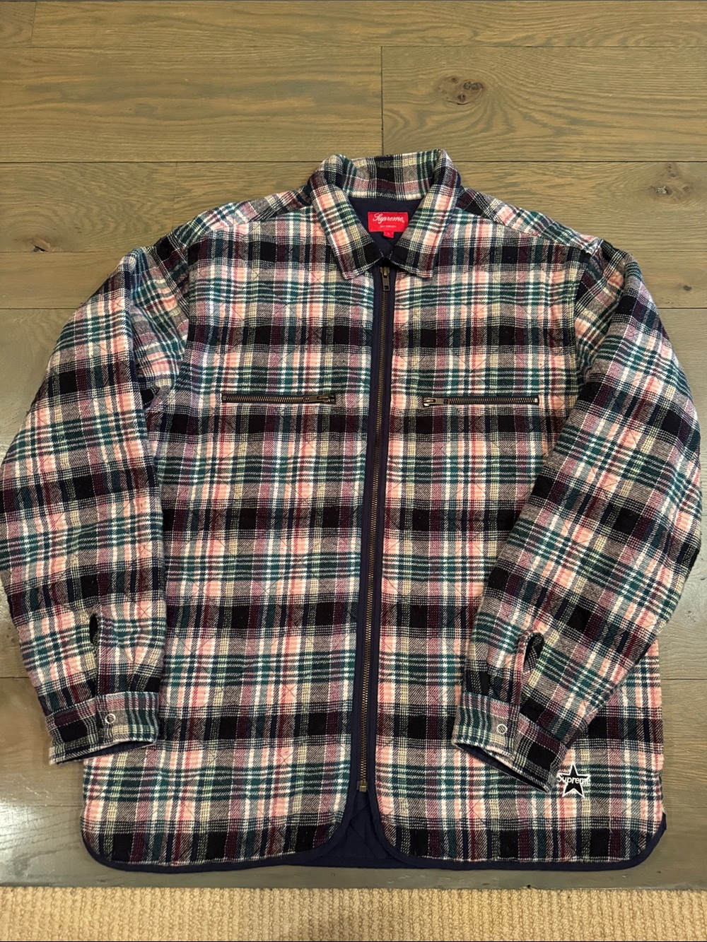 Supreme Pink, Black & Teal Plaid Zip-Up Shirt Jacket